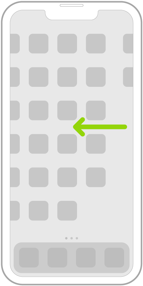 다른 홈 화면 페이지의 앱을 둘러보기 위해 왼쪽으로 쓸어넘기는 동작을 나타내는 그림.
