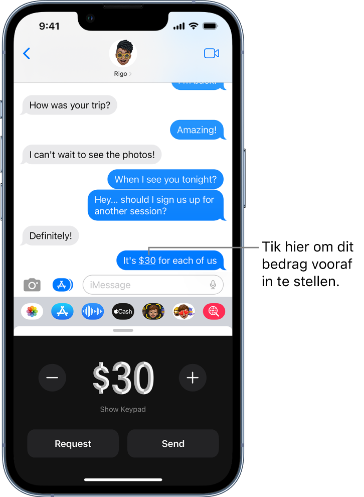 Een iMessage-gesprek met Apple Pay onder in het scherm geopend.