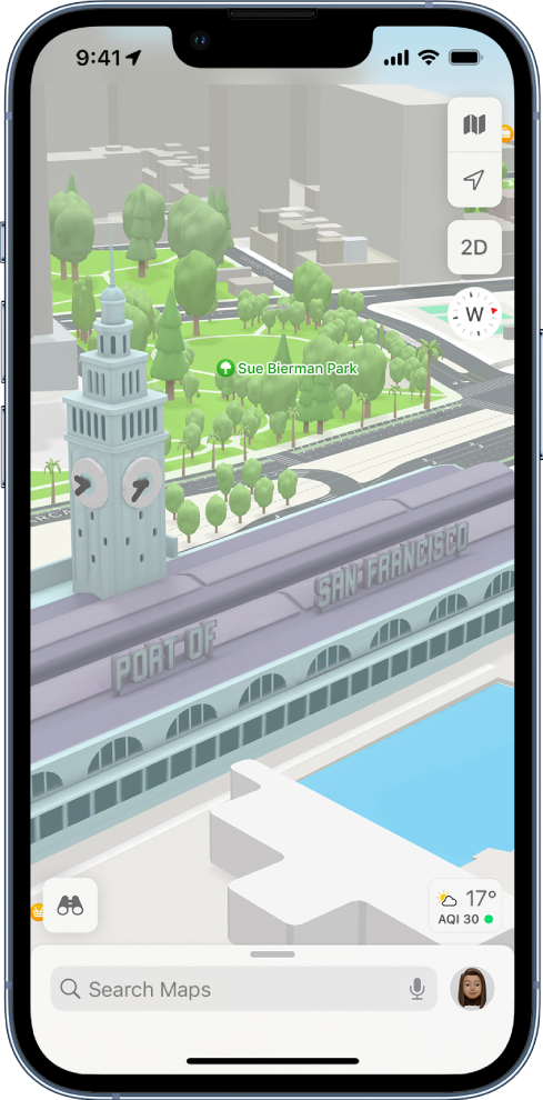 Um mapa de rua em 3D mostrando edifícios, ruas, água, árvores e um parque.