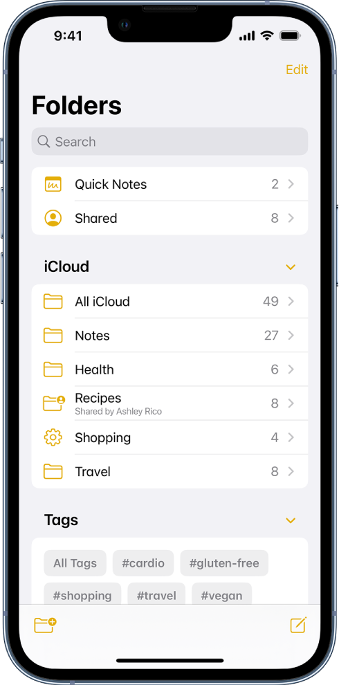 A lista de Pastas no app Notas, com o campo de busca no topo.