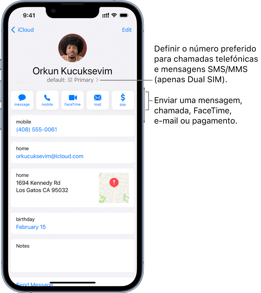 Ecrã de informação relativo a um contacto. Nome e fotografia do contacto no topo. Em baixo, botões para enviar uma mensagem, efetuar uma chamada telefónica, efetuar uma chamada FaceTime, enviar uma mensagem de e‑mail e enviar dinheiro com Apple Pay. Por baixo dos botões encontra‑se a informação do contacto.