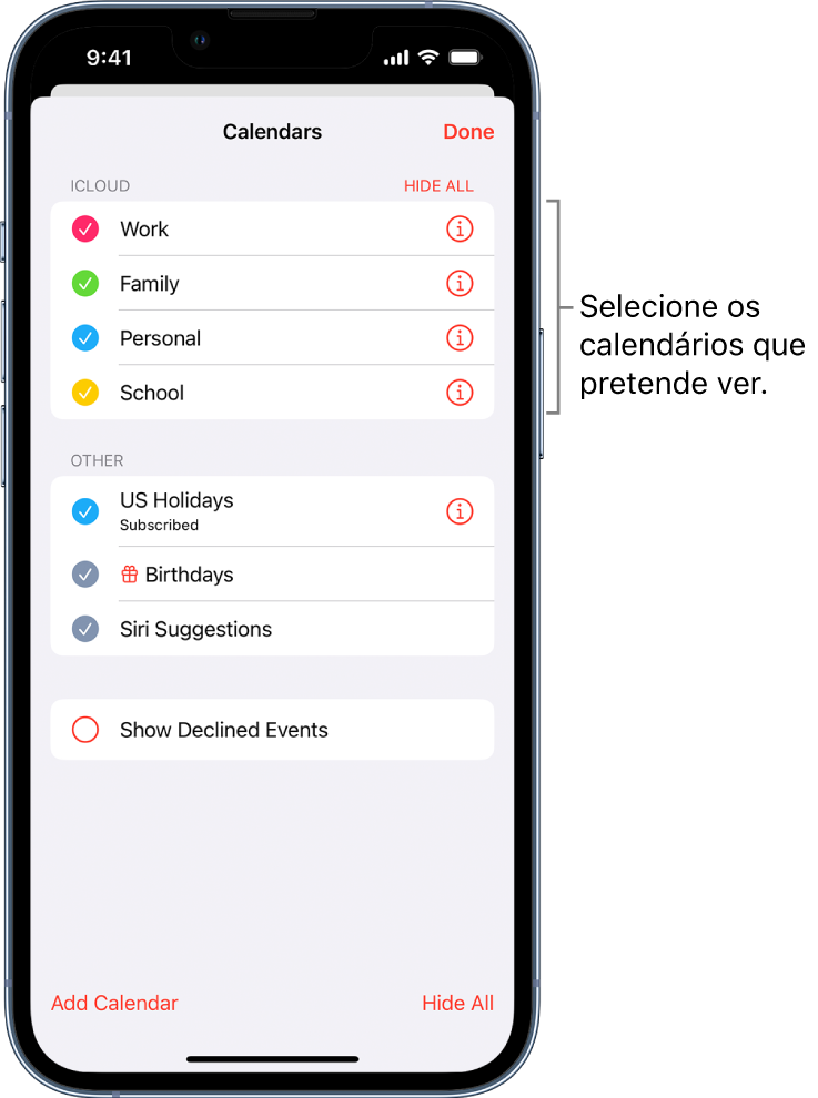 A lista de calendários com vistos, indicando os calendários ativos. No canto superior direito está o botão OK para fechar a lista.