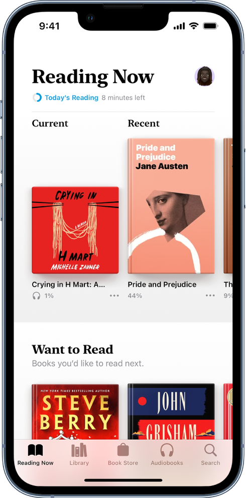 Skärmen Läser nu i appen Böcker. Längst ned på skärmen visas, från vänster till höger, flikarna Läser nu, Bibliotek, Bokhandel, Ljudböcker och Sök.