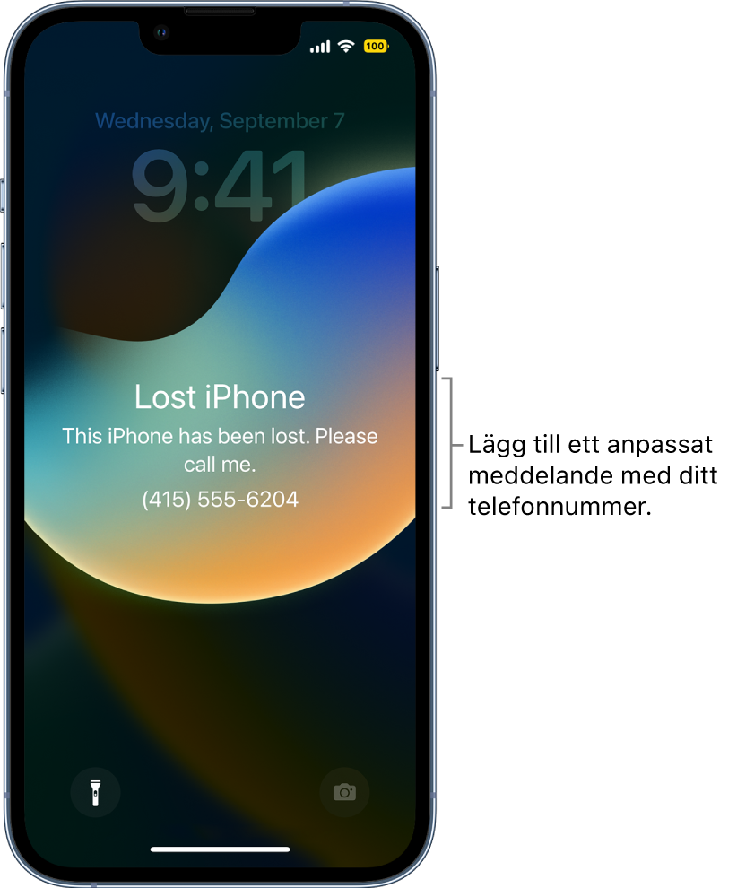 En låsskärm på iPhone med meddelandet: ”Borttappad iPhone. Denna iPhone är borttappad. Var snäll och ring mig. 012-123 45 67.” Du kan lägga till ett eget meddelande med ditt telefonnummer.