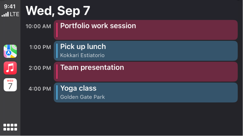 En kalenderskärm i CarPlay som visar fyra aktiviteter onsdagen den 7 september.