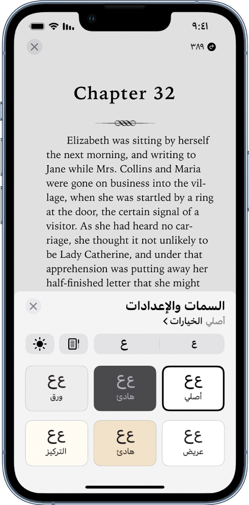 قائمة السمات والإعدادات تعرض عناصر التحكم في حجم الخط وطريقة عرض التمرير والسطوع وخيارات الخط.