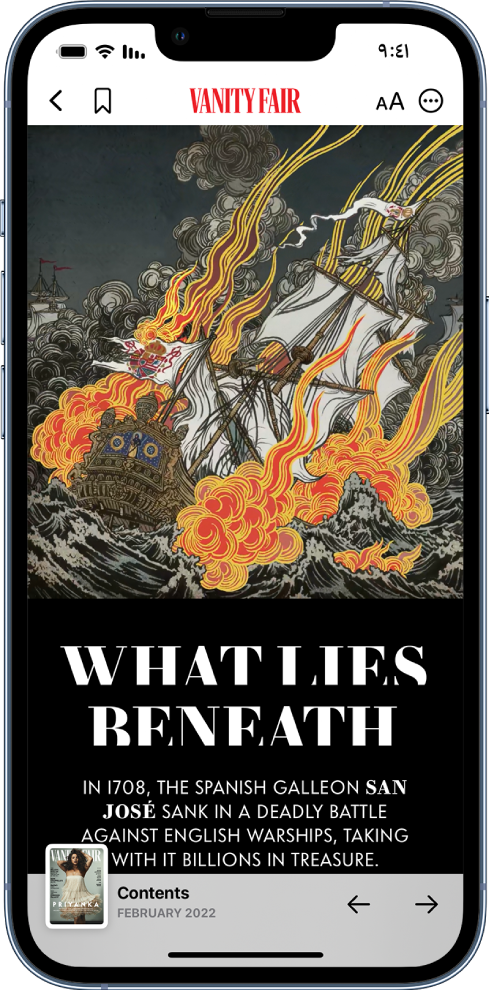 شاشة تعرض مقالة في مجلة. في الأعلى تظهر أزرار Back و Bookmark و Resize Text و More. يظهر اسم دار النشر أيضًا في الجزء العلوي. تظهر المقالة أسفل الأزرار. في أسفل يمين الشاشة يوجد زر Contents (تمثله صورة مصغرة لغلاف المجلة)، وعلى اليسار يوجد زرا Previous و Next.