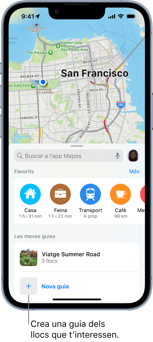 Targeta de cerca a l’app Mapes amb el botó “Nova guia” a la part inferior.