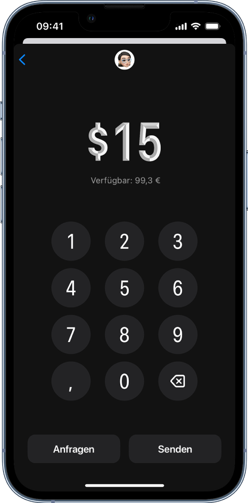Ein Ziffernblock zur Eingabe des Betrags mit den Tasten „Anfordern“ und „Senden“ unten.