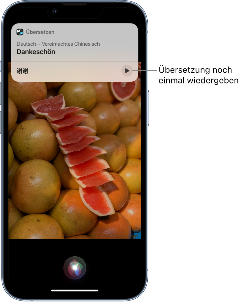 Siri zeigt eine Übersetzung des englischen Ausdrucks „thank you” in Mandarin an. Mit der Taste unter der Übersetzung kann die Audioausgabe der Übersetzung gestartet werden.