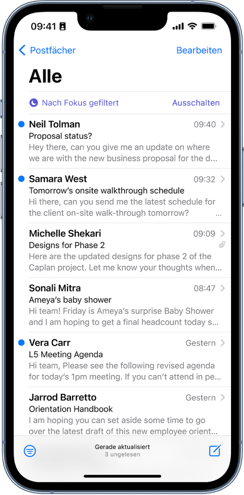 Im Posteingang ist eine Liste von E-Mails zu sehen. Über der Liste ist die Beschriftung „Nach Fokus gefiltert“. Rechts daneben steht „Deaktivieren“.