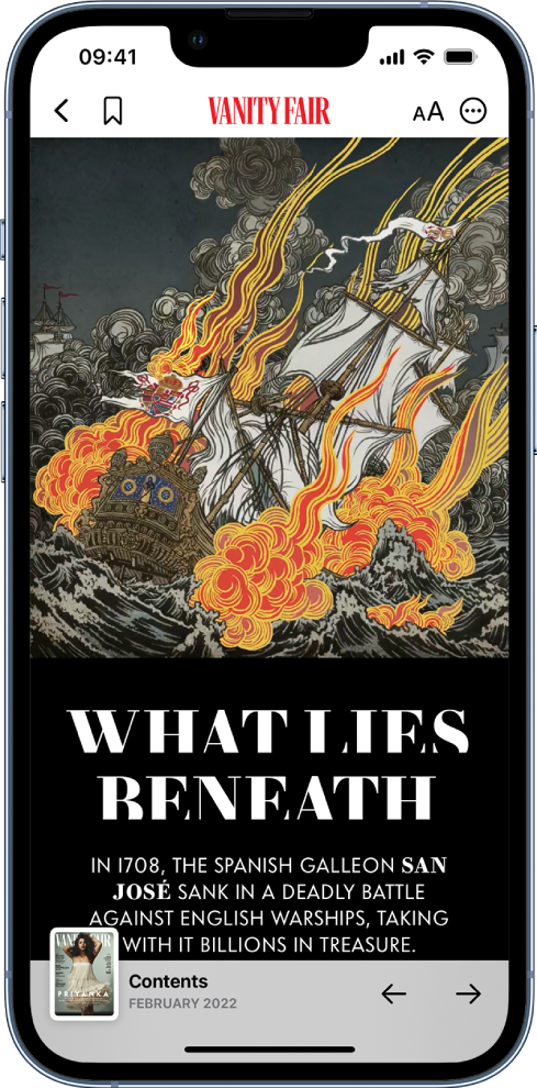 Ein Bildschirm zeigt eine Story eines Magazins. Oben befinden sich die Tasten „Back“, „Bookmark“, „Resize Text“ und „More“. Der Name der Publikation wird ebenfalls oben angezeigt. Die Story erscheint unter den Tasten. Unten auf dem Bildschirm befindet sich die Taste „Contents“ (durch ein Miniaturbild des Magazincovers dargestellt) und rechts sind die Tasten „Previous“ und „Next“.