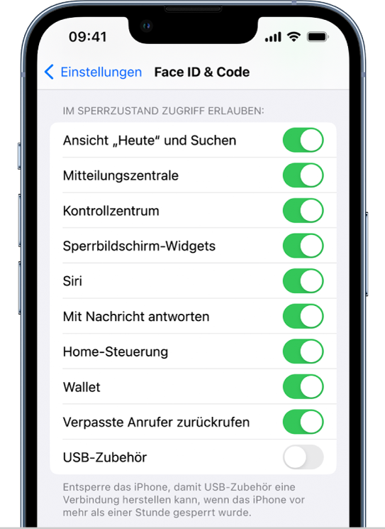 Der Bildschirm „Face ID & Code“ mit Einstellungen zum Erlauben des Zugriffs auf bestimmte Funktionen, wenn das iPhone gesperrt ist.