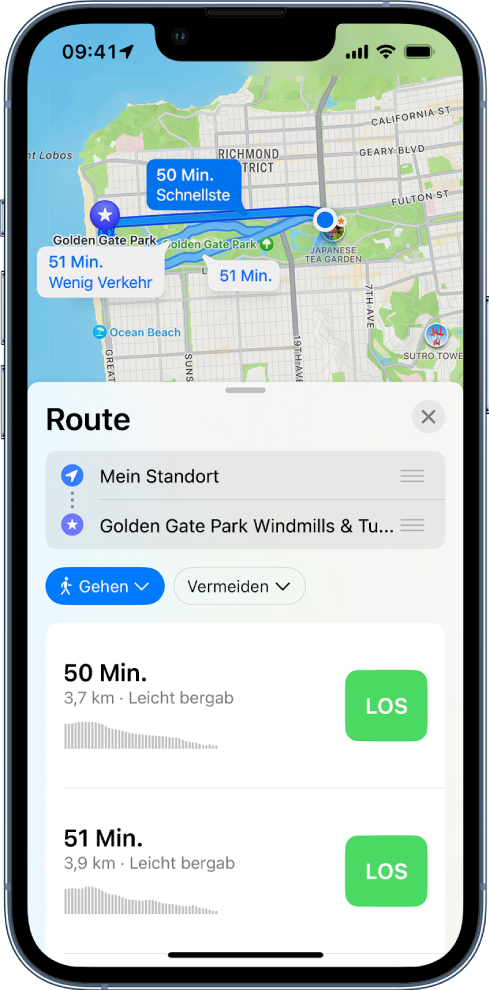 Eine Karte mit zwei Fußgängerrouten. Die Routenkarte unten enthält Details zur den Routen, inklusive der voraussichtlichen Wegzeit und Höhenunterschieden. Die Taste „Los“ wird neben jeder Routenbeschreibung angezeigt.