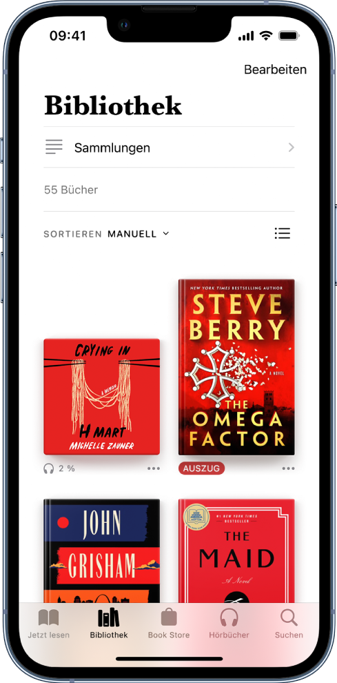 Der Bildschirm „Bibliothek“ in der App „Bücher“. Oben auf dem Bildschirm befinden sich die Taste „Sammlungen“ und die Sortieroptionen. Die Sortieroption „Manuell“ ist ausgewählt. In der Mitte des Bildschirms werden die Cover der Bücher in der Bibliothek angezeigt. Unten auf dem Bildschirm sind von links nach rechts die Tabs „Jetzt lesen“, „Bibliothek“, „Book Store“, „Hörbücher“ und „Suchen“ zu sehen.