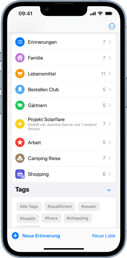 Ein Bildschirm der App „Erinnerungen“ mit verschiedenen Listen. Die Tag-Übersicht befindet sich unten.