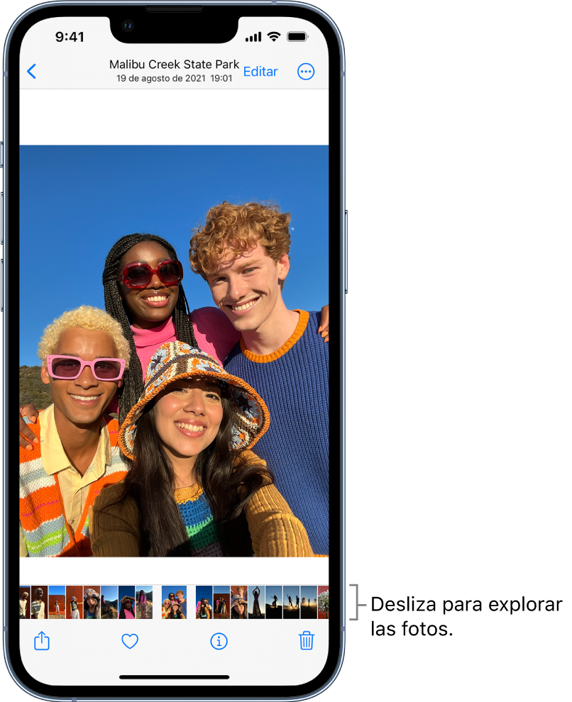 Una foto con miniaturas de otras fotos en la parte inferior de la pantalla. En la parte superior izquierda se encuentra en botón Atrás, que te lleva de regreso a la visualización en la que estabas. En la parte inferior se encuentran los botones Compartir, Me gusta y Eliminar. En la parte superior derecha está el botón Editar.