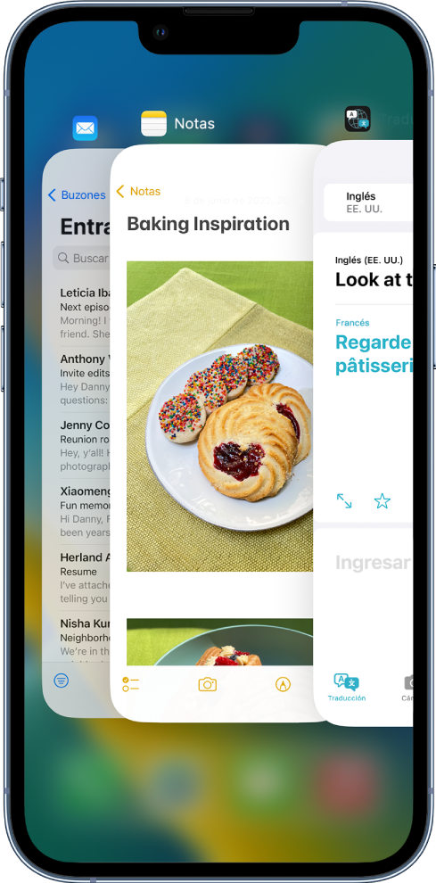 Ver el selector de apps. Íconos de las apps abiertas aparecen en la parte superior y la pantalla actual de cada app aparece debajo de su ícono.