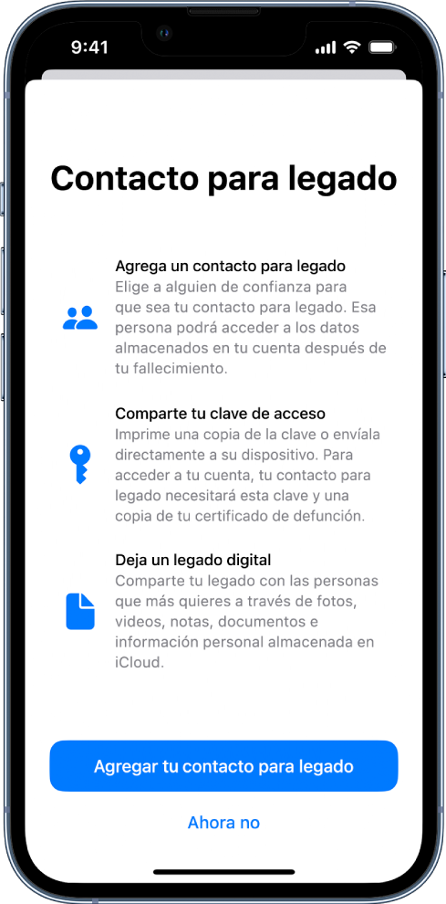 La pantalla Contacto para legado con información sobre la función. En la parte inferior está el botón Agregar contactos para legado.