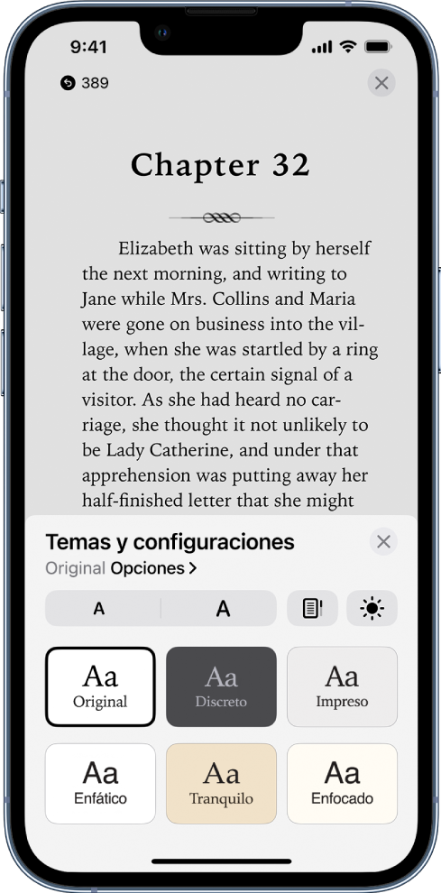 El menú Temas y configuraciones mostrando controles para el tamaño de letra, la visualización de desplazamiento, el brillo y las opciones de tipo de letra.