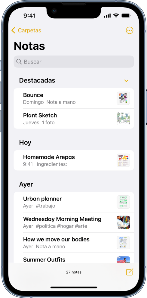 La lista de notas con el campo de búsqueda en la parte superior.