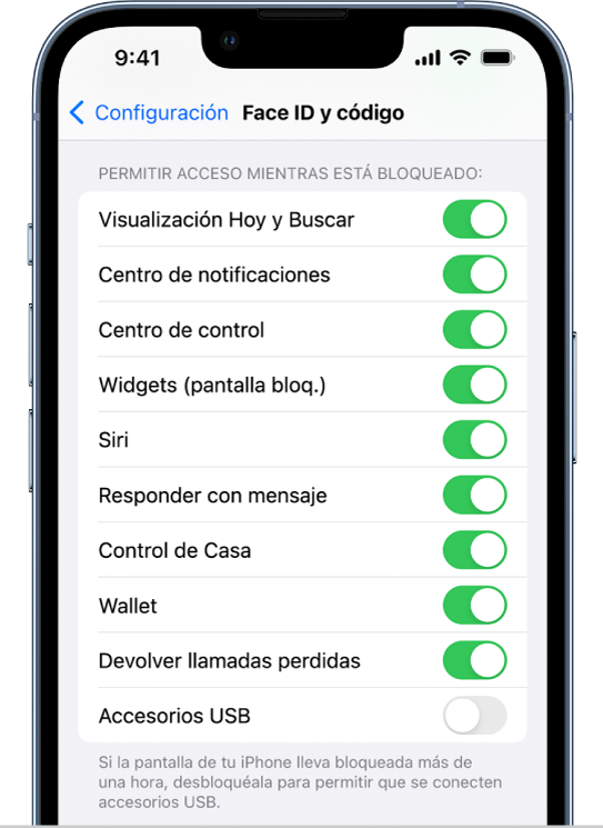 La pantalla Face ID y código mostrando la configuración para permitir el acceso a funciones específicas mientras el iPhone está bloqueado.
