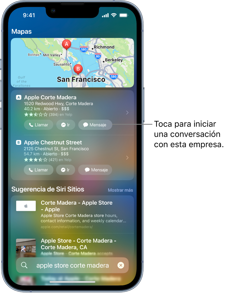 La pantalla Buscar mostrando elementos encontrados para Mapas. Cada resultado muestra un nombre, dirección y otros detalles. Los primeros dos resultados muestran un botón que se puede tocar para llamar, obtener indicaciones o iniciar una conversación en Mensajes con la empresa.