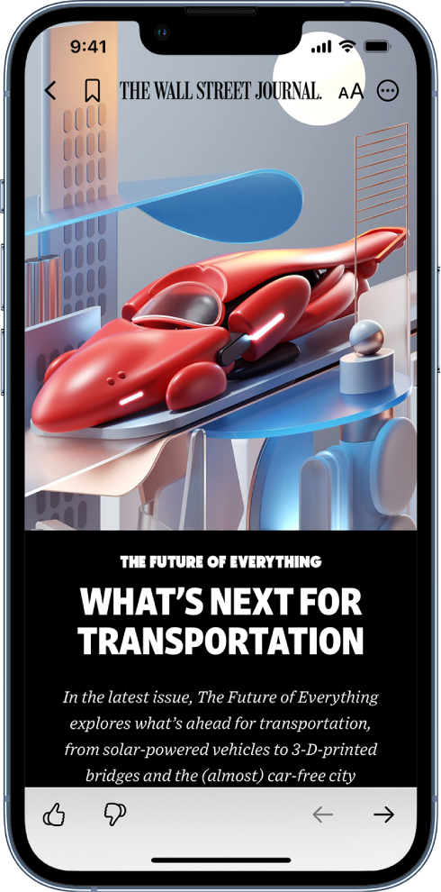 Una pantalla mostrando una noticia. En la parte superior se encuentran los botones Back, Bookmark, Resize Text y More. El nombre del canal también se indica en la parte superior. Una imagen grande y un encabezado aparecen debajo de los botones. En la parte inferior de la pantalla se sitúan los botones Suggest More, Suggest Less, Previous y Next.