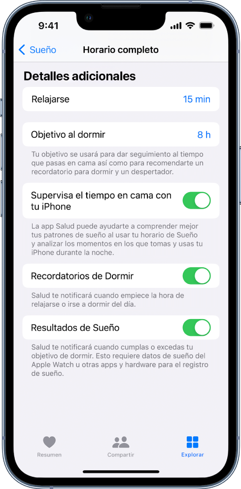 La pantalla Horario completo mostrando parte de la sección Detalles adicionales.