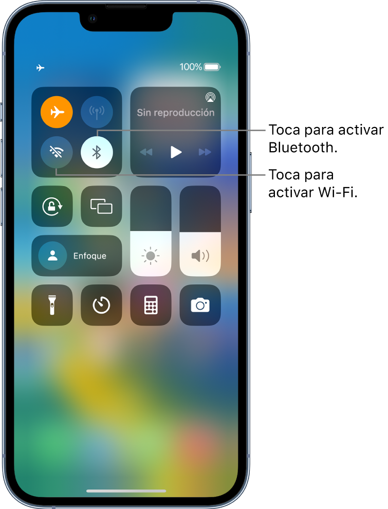 Centro de control con el modo vuelo activado. Los botones para activar Wi-Fi y Bluetooth están cerca de la esquina superior derecha del centro de control.
