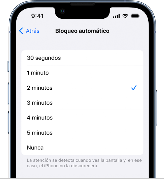 La pantalla Bloqueo automático mostrando la configuración del tiempo de espera antes de que el iPhone se bloquee automáticamente.