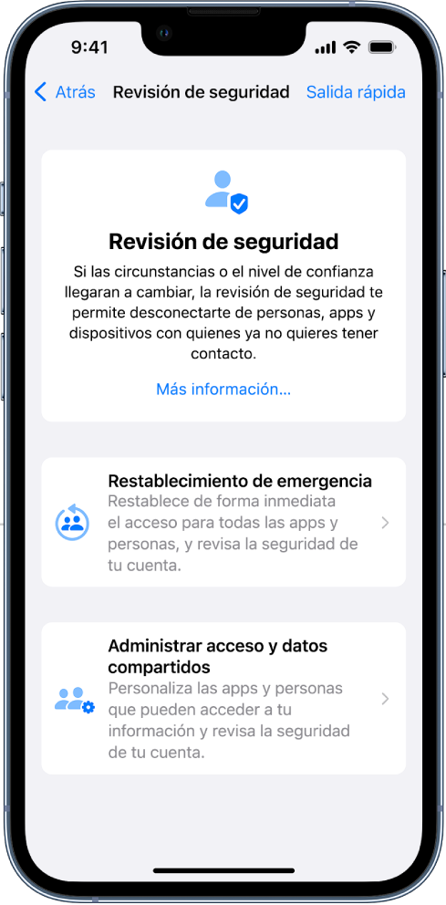 La pantalla Revisión de seguridad.