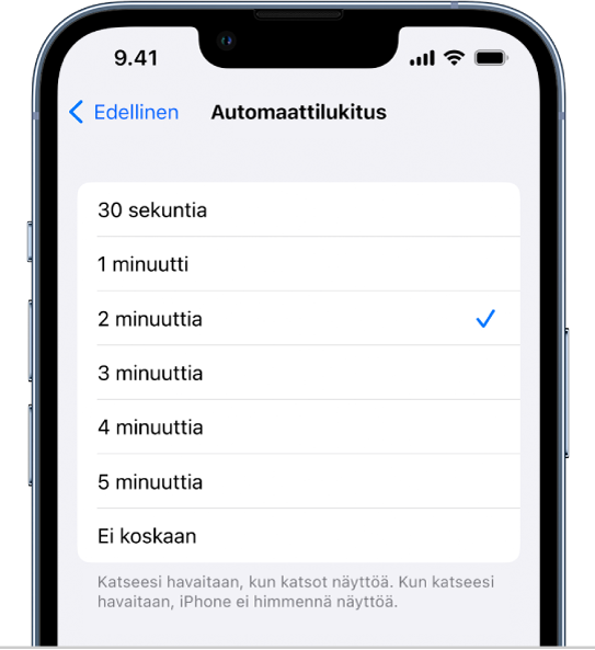 Automaattilukitus-näyttö, jossa on asetukset ajalle ennen iPhonen automaattista lukkiutumista.