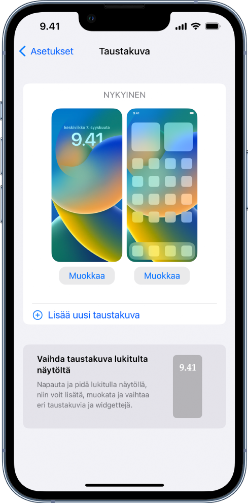 Taustakuvan asetukset ‑näyttö, jossa ovat painikkeet nykyisen Koti-valikon ja lukitun näytön muokkaamiselle sekä Lisää uusi taustakuva -painike, jolla taustakuva voidaan vaihtaa.