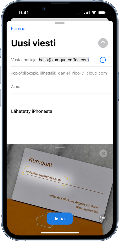 Näytön alaosassa on valokuva käyntikortista, josta on valittu sähköpostiosoite. Näytön yläosassa on sähköpostin luonnos, jossa on kuvan sähköpostiosoite syötettynä vastaanottajan osoitteeksi.