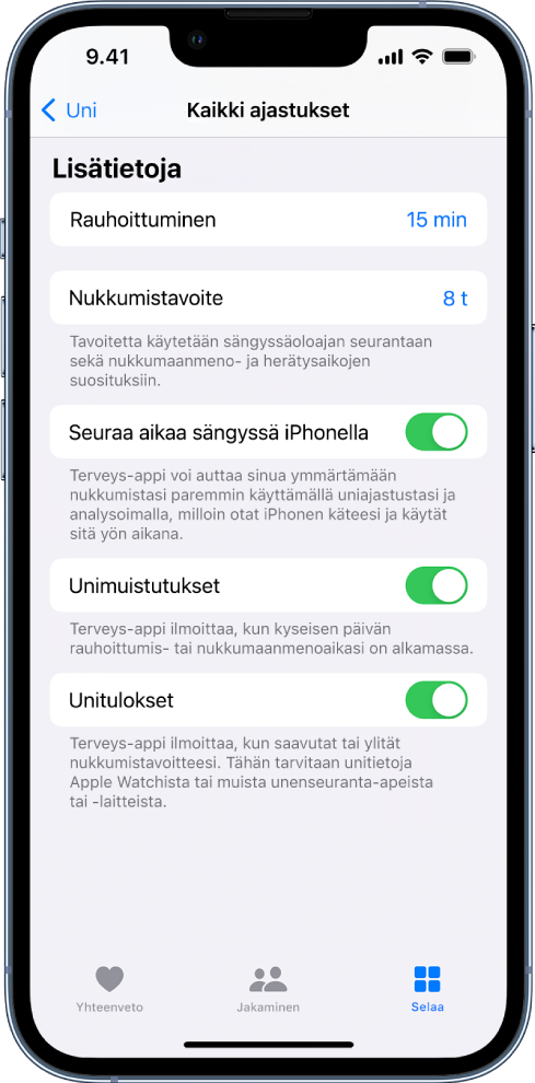 Kaikkien ajastusten näytön Lisätietoja-osio.