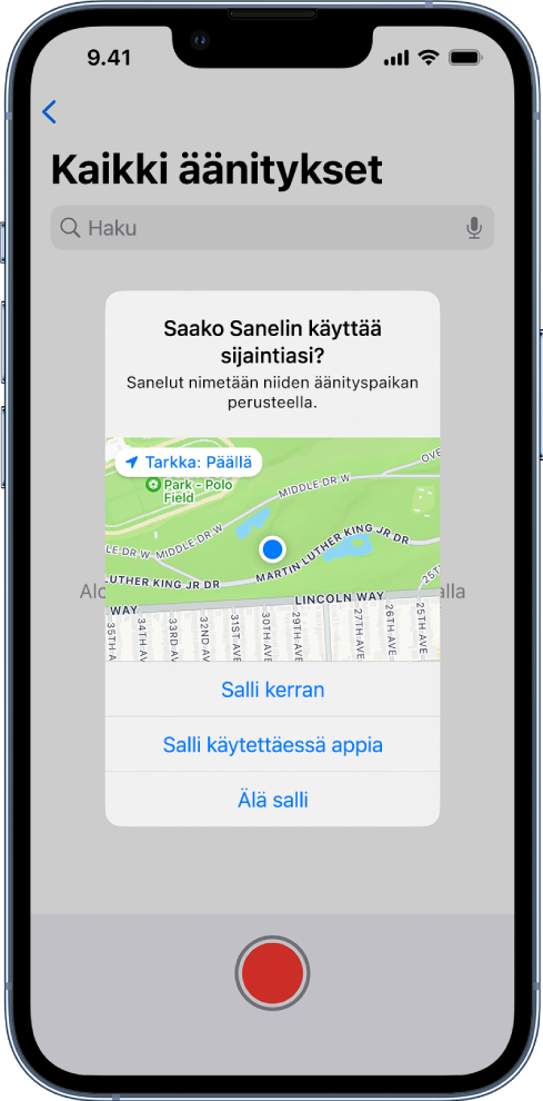 Apin pyyntö käyttää iPhonen sijaintitietoja. Vaihtoehdot ovat Salli kerran, Salli käytettäessä ja Älä salli.