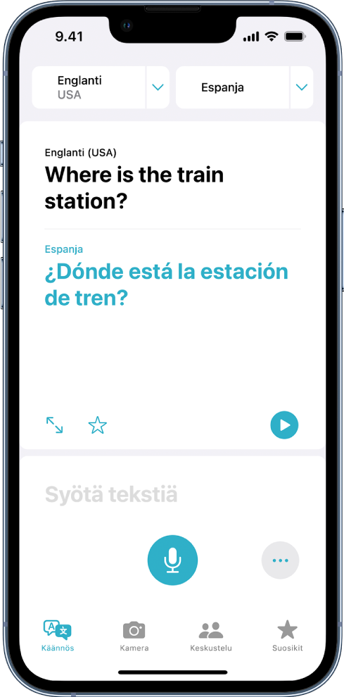 Käännä-välilehti, jossa näkyy ylhäällä kaksi kielivalintaa englanti ja espanja, käännös keskellä ja tekstinsyöttökenttä alhaalla.