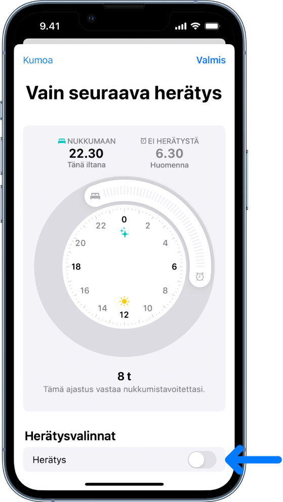 Vain seuraavan herätyksen näyttö, jossa hälytys on laitettu pois päältä alareunassa.