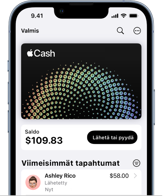 Apple Cash -kortti Lompakossa, Lisää-painike näkyy oikeassa yläkulmassa, Maksa- tai Pyydä-painike näkyy keskellä ja viimeisimmät tapahtumat näkyvät alareunassa.