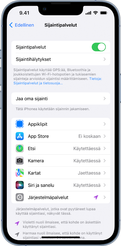 Sijaintipalvelut-näyttö, jossa ovat asetukset iPhonen sijainnin jakamiselle, mukaan lukien yksittäisten appien muokatut asetukset.