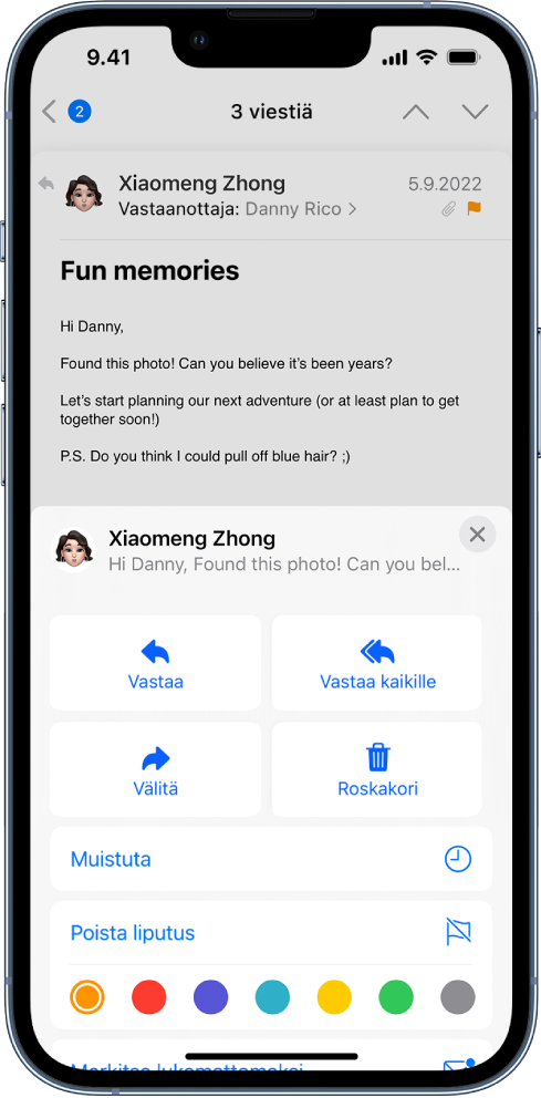 Sähköpostiviesti, jonka vastausvaihtoehdot näkyvät näytön alareunassa. Niiden alla ovat Muistuta-painike, Poista liputus -painike ja värivaihtoehdot lipuille.