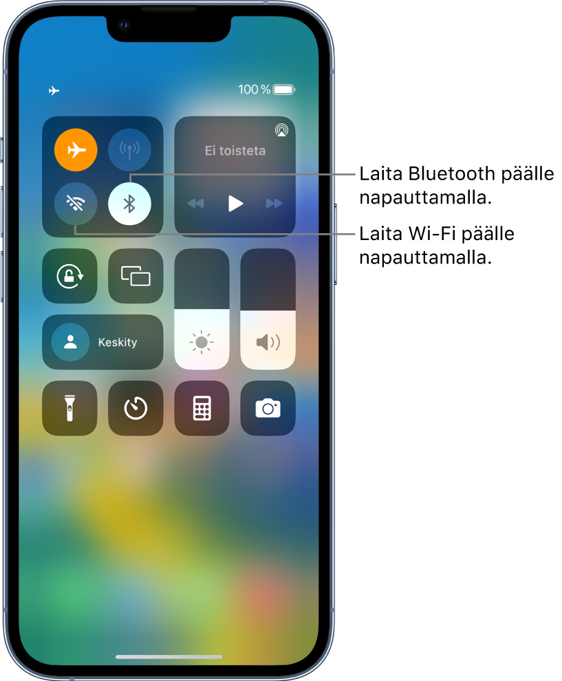 Ohjauskeskus, kun lentotila on päällä. Painikkeet, joilla Wi-Fi ja Bluetooth laitetaan päälle, ovat lähellä Ohjauskeskuksen vasenta yläkulmaa.