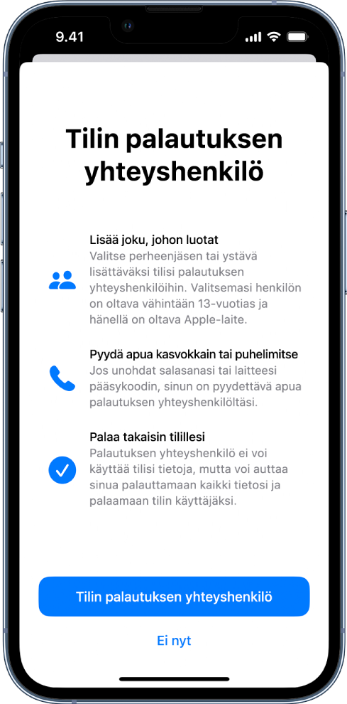 Tilin palautuksen yhteishenkilön näyttö, jossa on tietoa tästä ominaisuudesta. Lisää palautuksen yhteyshenkilö ‑painike on alhaalla.