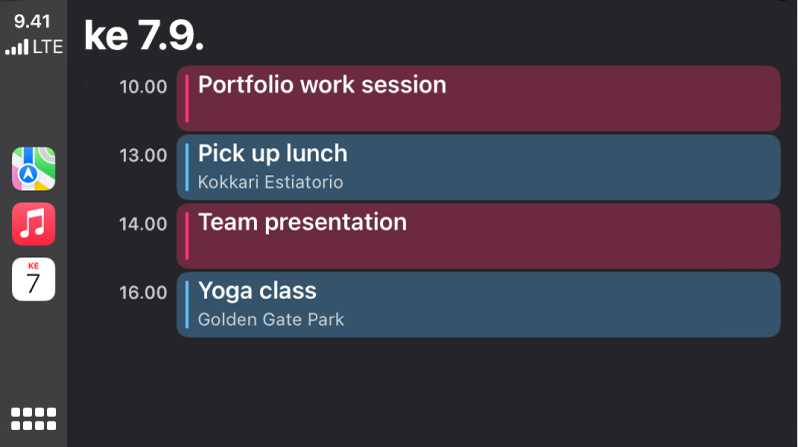 CarPlayn kalenterinäyttö, jossa näkyy neljä tapahtumaa keskiviikolle 7. syyskuuta.