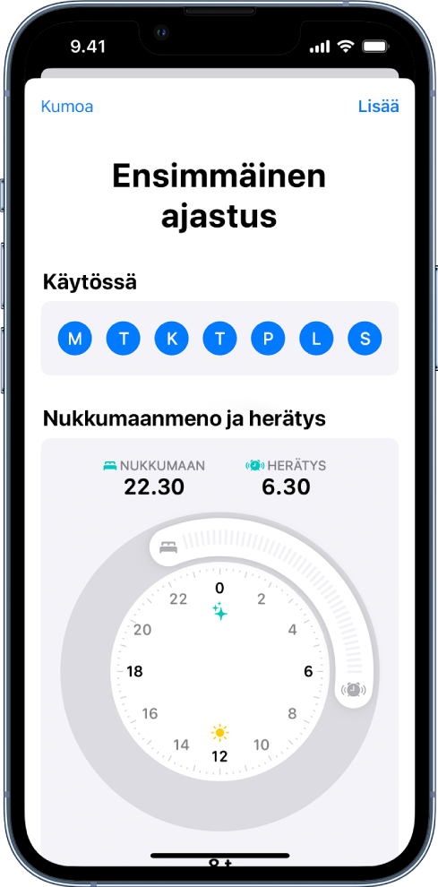 Ensimmäisen ajastuksen asettamisen näyttö.