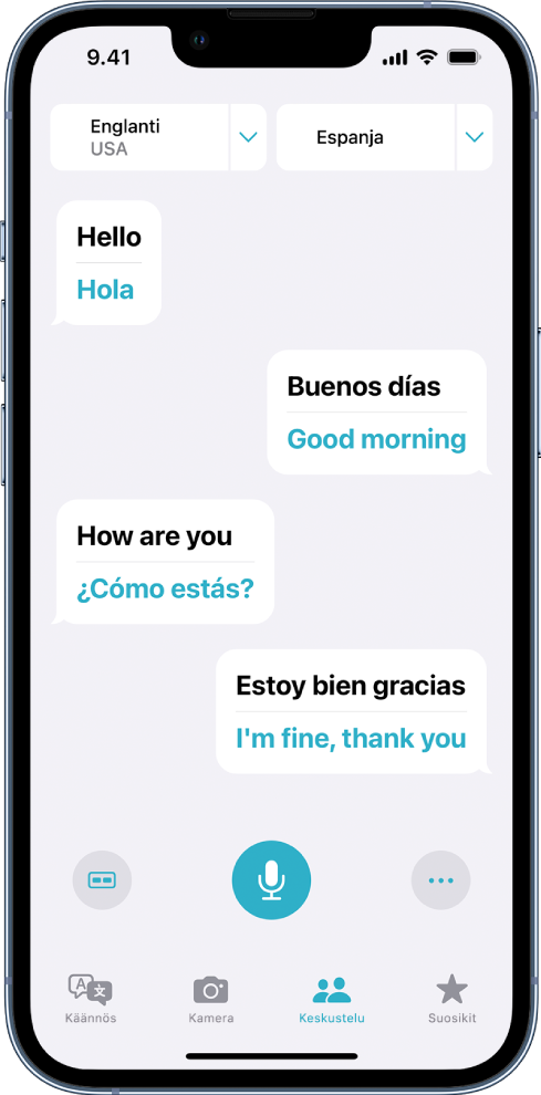 Keskustelu-välilehti, jossa näkyy puhekuplat ja niiden käännökset.