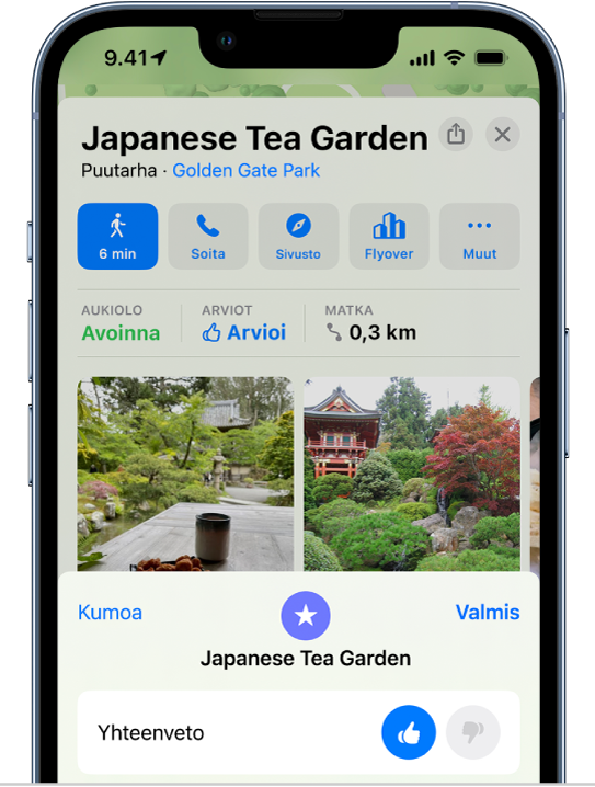 Paikkakortti, jossa on ylös nostettu peukalo ja yleinen arvio paikasta.