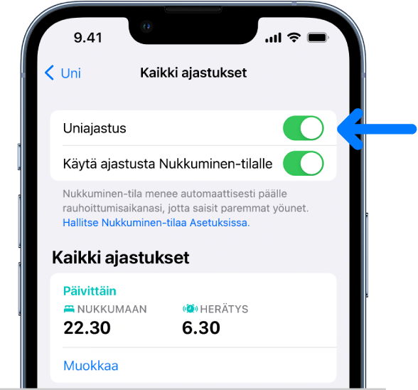 Kaikkien ajastusten näyttö, jossa Uniajastus on laitettu päällä yläreunassa.