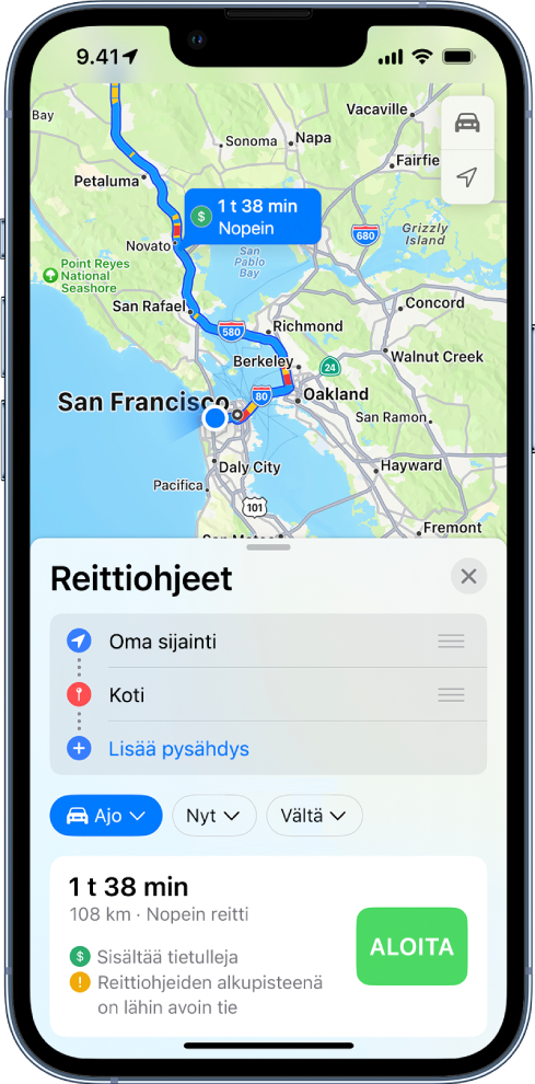 Kartta, jossa on ajoreitti ja Aloita-painike alaoikealla.